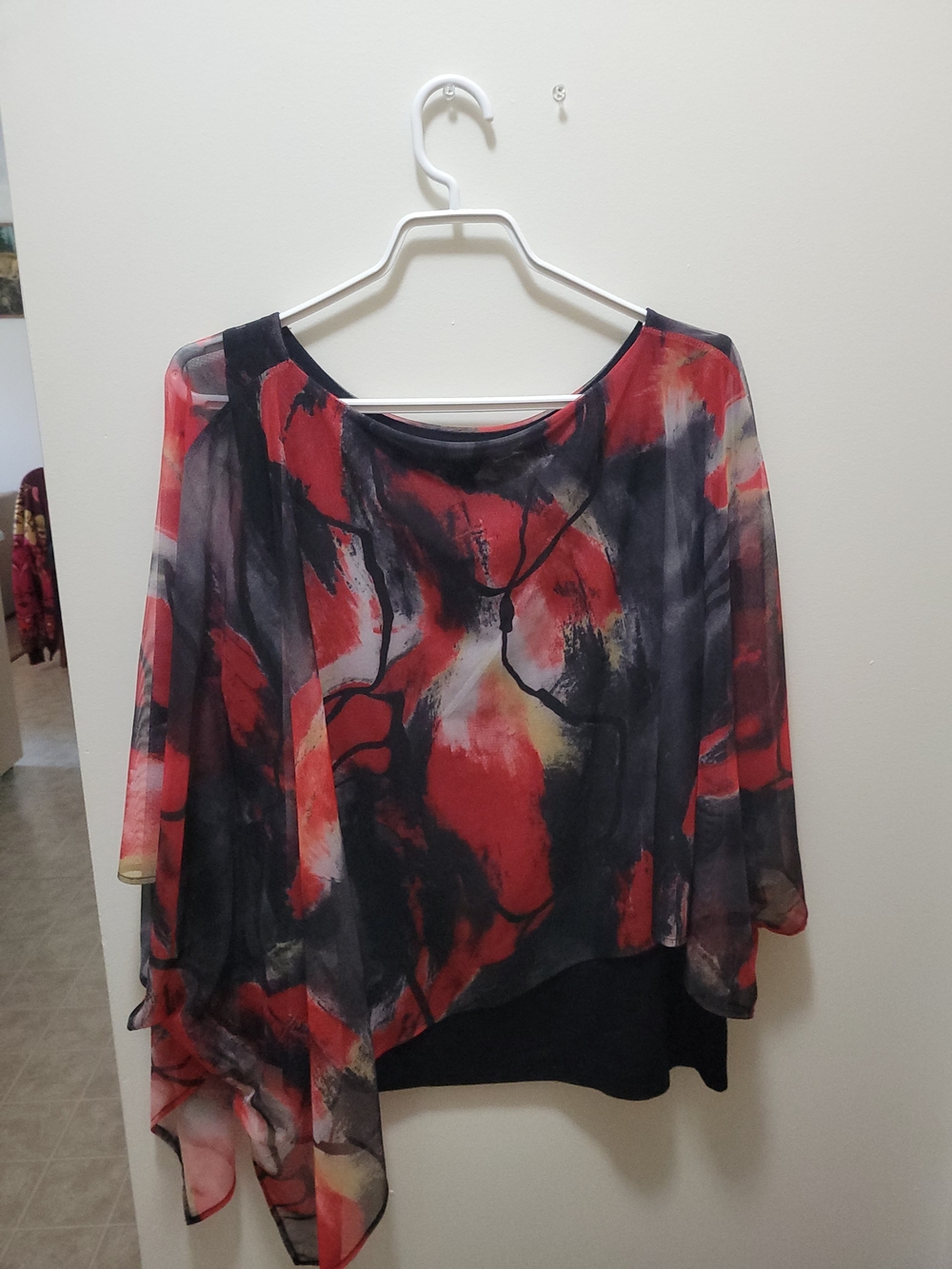 Blue Sky Black and Red Sheer Abstract Layered Top - Picture 2 of 3